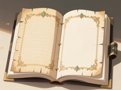 Open Antique Book with Ornate Borders in Anime Style