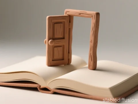 Open Book with a Small Wooden Door Standing Upright