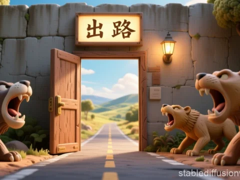 Open Doorway to a Road with Roaring Bears Guarding