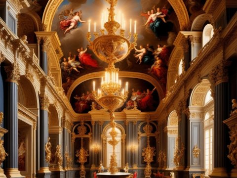 Opulent Baroque Palace Hall with Grand Chandelier and Ceiling Frescoes