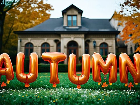 Orange Balloons Spelling AUTUMN in Front of a House