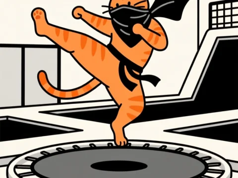 Orange Cat Ninja Performing Kick on Trampoline