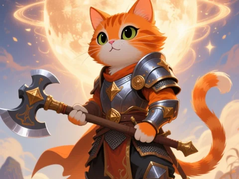 Orange Cat Warrior in Shining Armor with Battle Axe