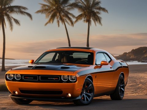 Orange Dodge Challenger at Sunset Beach