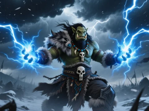 Orc Shaman Summoning Lightning in a Stormy Battlefield