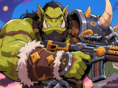 Orc Warrior Armed with Futuristic Rifle in Vibrant Anime Style