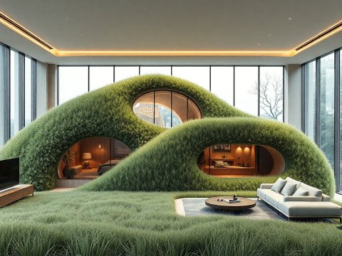 Organic Grass-Covered House Inside Modern Glass Room