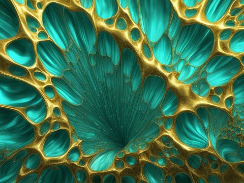 Organic Multicellular Structure with Gold and Turquoise Elements