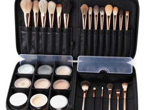 Organized Makeup Brush Set with Cosmetic Containers in Black Case