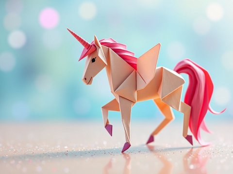 Origami Unicorn with Pink Mane on Sparkling Surface