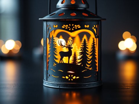 Ornamental Metal Lantern with Deer and Pine Tree Silhouettes