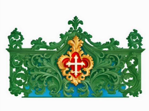 Ornate Baroque Green and Gold Decorative Crest with Cross