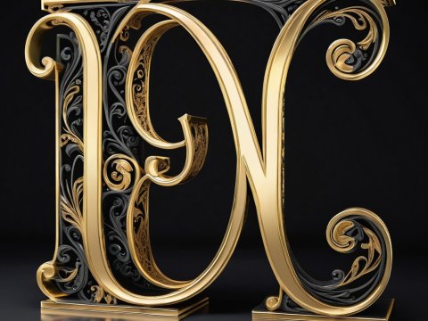 Ornate Gold and Black Letter N with Intricate Floral Patterns