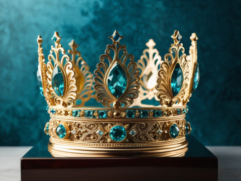 Ornate Gold Crown with Blue Gemstones on Display