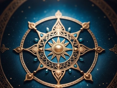 Ornate Golden Compass Rose on Blue Surface with Candlelight