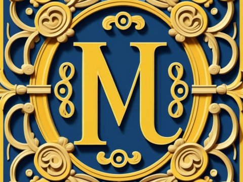 Ornate Golden Letter M on Blue Background