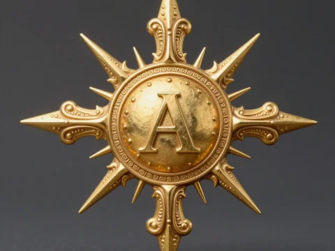 Ornate Golden Sun Emblem with Letter A