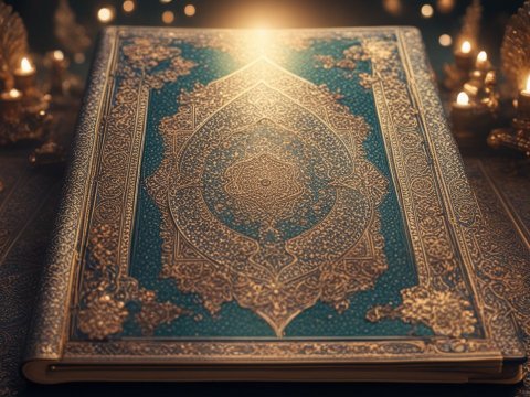 Ornate Holy Quran with Golden Embossed Cover and Candlelight