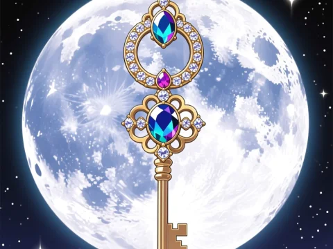 Ornate Jewel-Encrusted Key Against a Full Moon