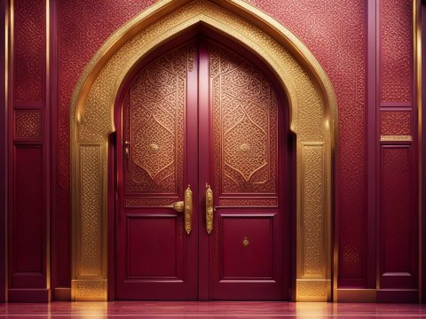 Ornate Red and Gold Arched Door with Intricate Patterns