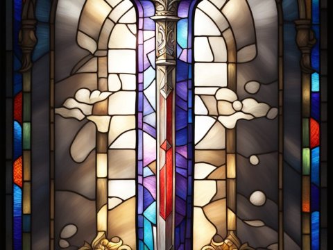 Ornate Sword in Stained Glass Window