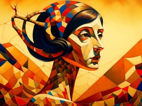 Orphism Style Abstract Portrait with Geometric Patterns