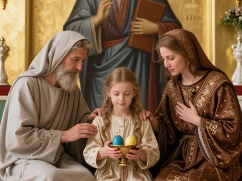 Orthodox Easter Family Celebration with Painted Eggs