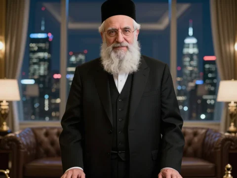 Orthodox Rabbi Mentor in Elegant Office with Cityscape View