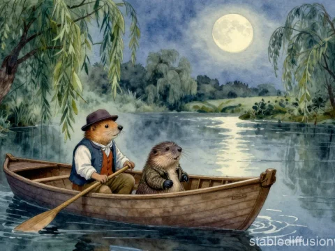 Otter and Mole Rowing Under the Moonlight