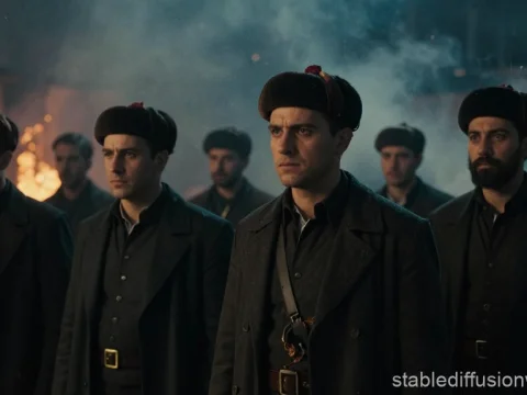 Ottoman Firefighters in Uniform with Serious Expressions