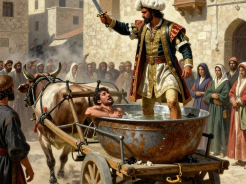 Ottoman Punishment Scene with Man in Cauldron and Sword