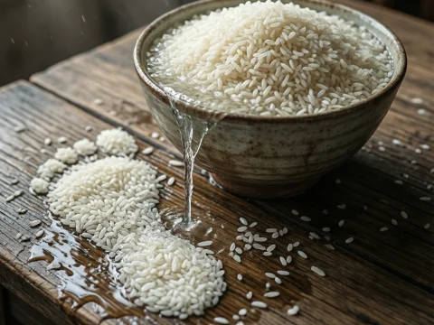 Overflowing Bowl of Rice with Water Spilling on Wooden Surface