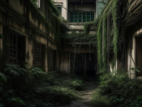 Overgrown Abandoned Building Interior