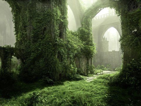 Overgrown Ancient Temple Ruins in Lush Greenery
