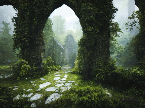 Overgrown Castle Ruins with Mossy Stone Path