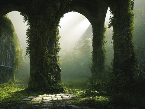Overgrown Ivy-Covered Castle Ruins in Misty Forest
