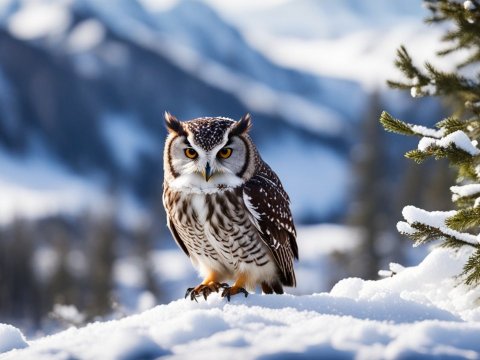 Owl Perched on Snow in Winter Forest