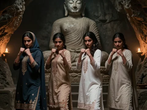 Pakistani Women in Traditional Dress Posing Fiercely in Front of Buddha Statue