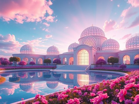 Palace with Transparent Domes at Sunset