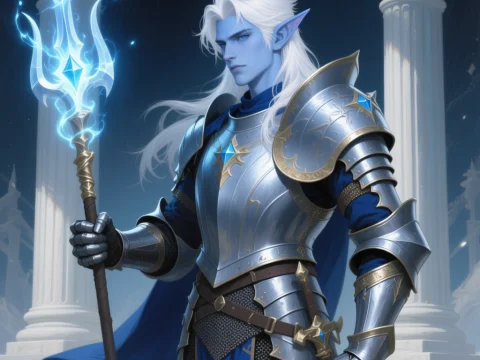 Pale Elf Battlemage with Glowing Spear in Ancient Temple