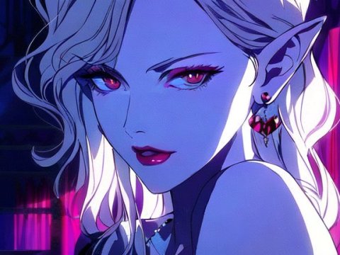 Pale Vampire Woman with Intense Red Eyes in Neon Light