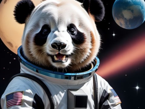 Panda Astronaut in Space with Earth and Moon