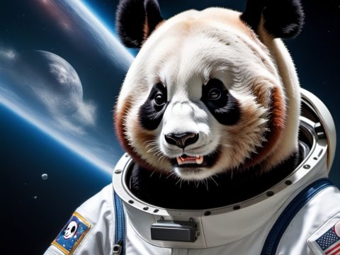 Panda Astronaut in Space with Earth and Moons