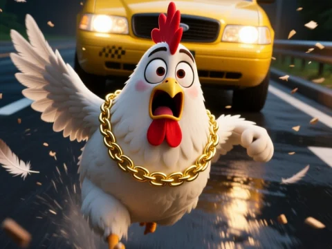 Panic Chicken Chasing Taxi on Wet Road