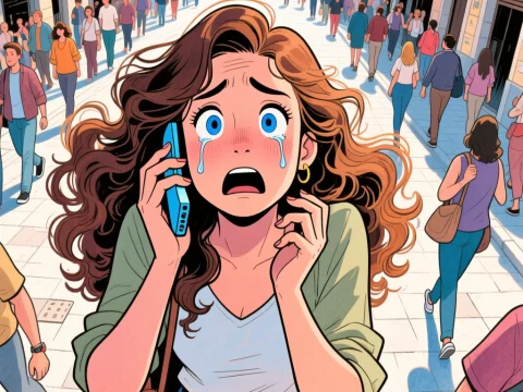 Panicked Woman Crying on Phone in Busy Madrid Street