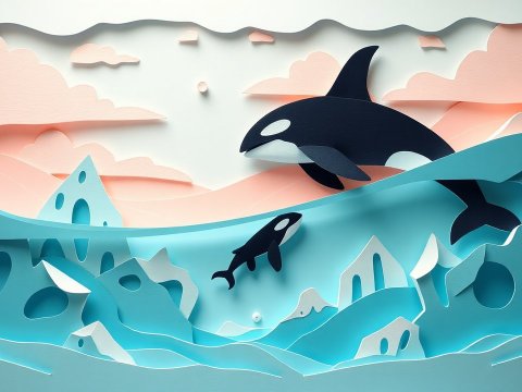 Paper Cut Dreamscape with Orcas in Oceanic Layers
