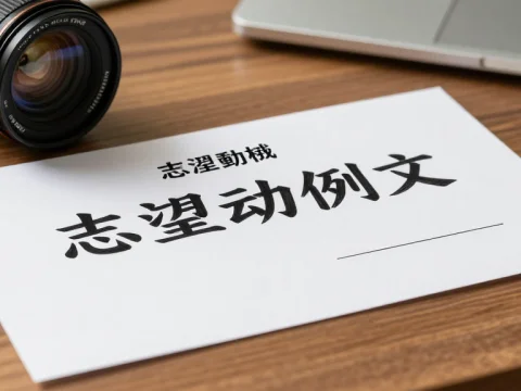 Paper with Chinese Characters on Wooden Desk with Camera Lens