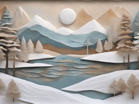 Papier Mache Winter Landscape with Mountains and Lake