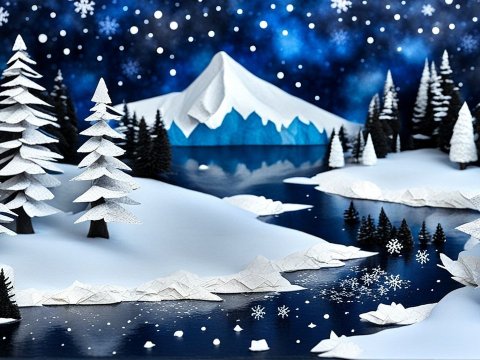 Papier Mache Winter Landscape with Snowy Trees and Mountain