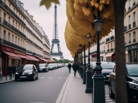 Paris Street View with Eiffel Tower and Autumn Trees